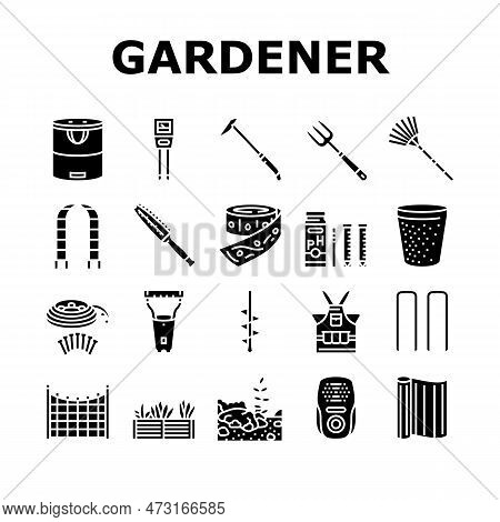 Garden Tool Shovel Rake Icons Set Vector. Agriculture Equipment, Plant Tool, Farm Nature, Pot Wheelb