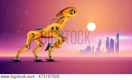 Robot Animal Going In Desert. Post Apocalyptic Futuristic Landscape Of City Silhouette On Horizon. S