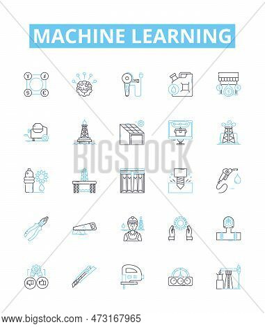Machine Learning Vector Line Icons Set. Machine, Learning, Artificial, Intelligence, Algorithm, Data