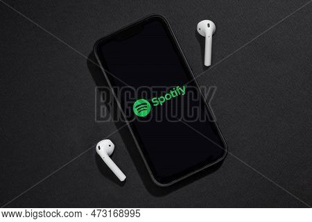 Antalya, Turkey - March 22, 2023. Iphone 13 Pro Smart Phone Screen Showing Spotify Logo