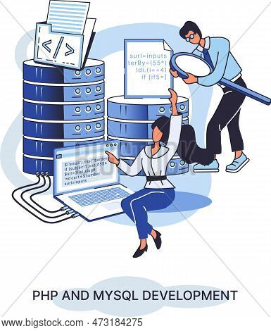Php And Mysql Development Metaphor. Software Website Developer With Computer, Programmer Service, Op
