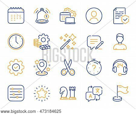 Business Line Icons. Language Translate, Chess Strategy And Notice Alert Set. Profile Headshot, Loca