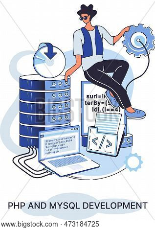 Php And Mysql Development Metaphor. Software Website Developer With Computer, Programmer Service, Op