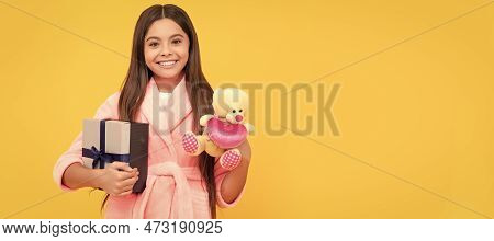 Good Morning. Kid Wear Soft Nightsuit Play With Toy. Child In Cozy Sleepwear. Teenager Girl With Bir
