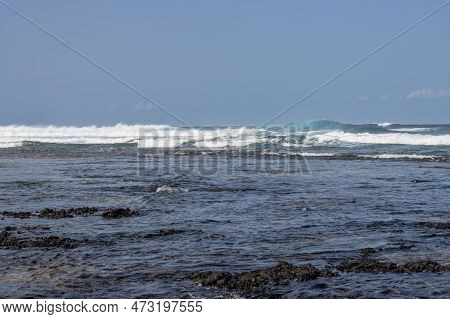White Waves Of Atlantic Ocean In The Winter On A Beach On The North Of The Island. Blue Sky. Playa D