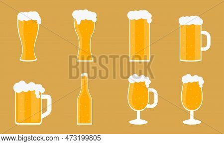 Light Beer Icon. Beer Symbol In Different Mugs Of Different Shapes In Flat Styles. Glass Mugs With B