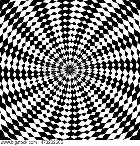 Black And White Pattern With Vortex Pinwheel Visual Effect. Twisty Dynamic Kaleidoscope Texture With