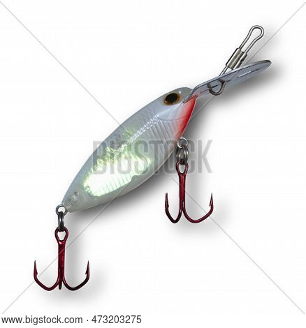 Shadow Behind A White Artificial Fishing Crankbait That's White And Red With Glowing Belly