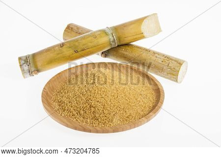 Wooden Dish With Brown Sugar On White Background