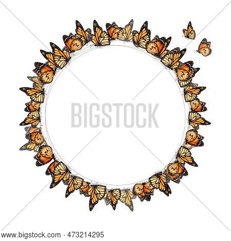 Watercolour Drawing Of Wreath From Beautiful Butterflies With Space For Your Writings. White Backgro