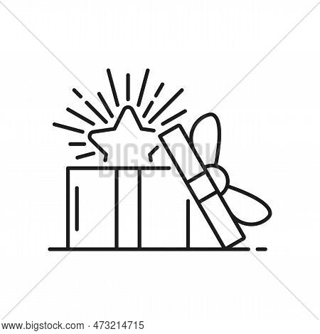 Gift Box With Bonus Star Isolated Outline Icon. Vector Loyalty Affiliate Program, Consumer Reward, C