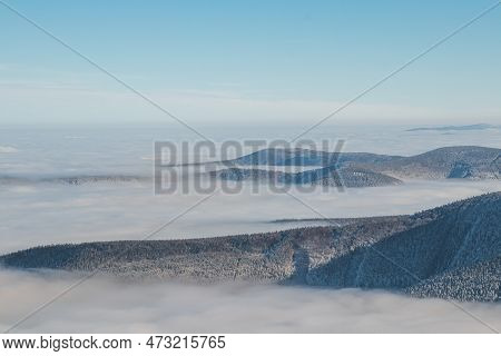 Mountainsides Of The Beskydy Region In The Czech Republic Are Sinking Into A Thick White Inversion R