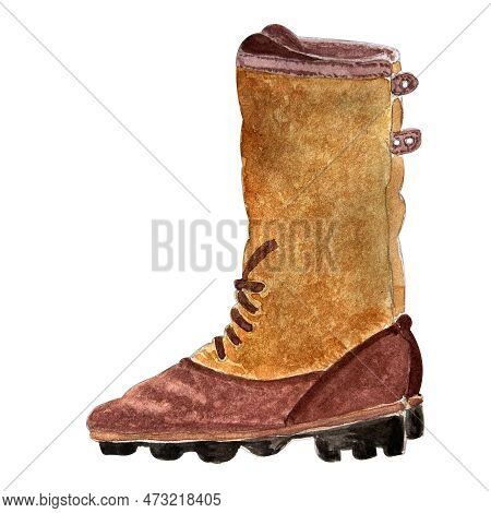 Watercolor Hand Painted Suede Boots Illustration Isolated On White. Tourism, Travel And Hiking Desig