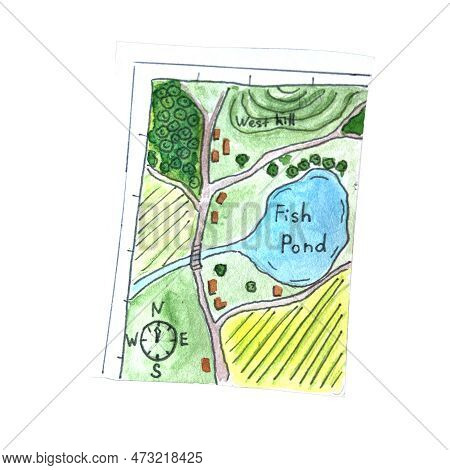 Watercolor Hand Painted Map Illustration Isolated On White. Tourism, Travel, Hiking Design. Clipart.