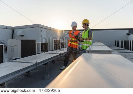 Engineers Use Blueprint Check Air Condition Systems On Site. Contractor And Inspector Inspection Com
