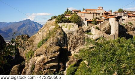 The Unique Holy Meteora Monasteries Near Kalambaka Village Thessaly Greece Pilgrimage Tourism.