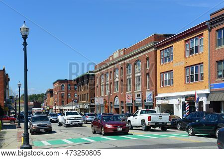 Webster, Ma, Usa - Apr. 30, 2016: Historic Commercial Buildings On Main Street In Historic Town Cent