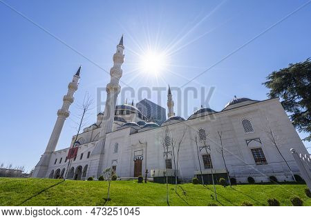 Tirana, Albania. March 2023. Panoramic View Of The New Mosque In The City Center
