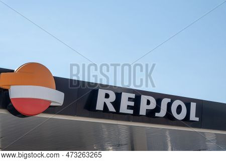 Finestrat, Spain - March 2, 2023: Repsol Logo Sign On Gas Station. Repsol - Spanish Energy And Petro