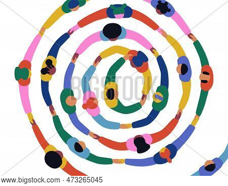 Big Group Of People Holding Hands Together Making Round Circle Shape. Colorful Diverse Friend Team C