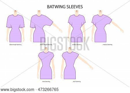 Set Of Batwing Sleeves Clothes Elbow, Medium, Short Length Technical Fashion Illustration With Fitte