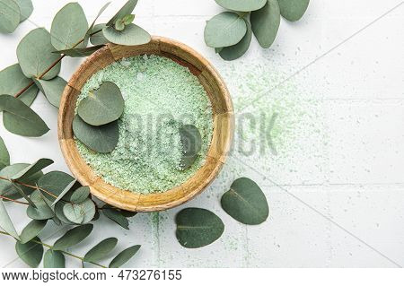 Massage And Spa Products Salt With Eucalyptus  On A White Tile Background