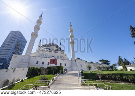 Tirana, Albania. March 2023. Panoramic View Of The New Mosque In The City Center