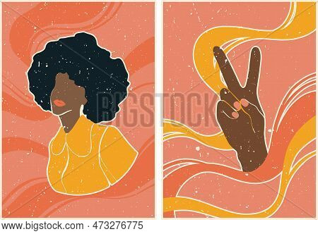 Set Of Posters In Retro Style With Young Frican Woman And Peace Sign With Hands. Posters On The Back