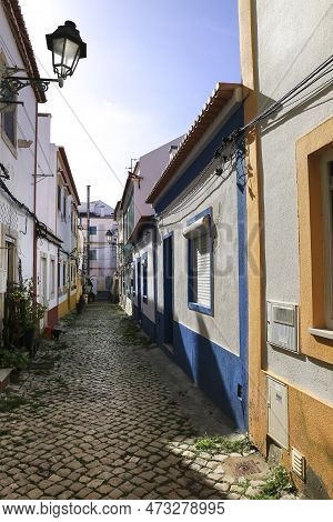 Alcochete, Lisbon, Portugal- November 21, 2022: Typical Facades And Narrow Streets In Alcochete Town