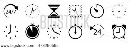 Clock Icon. Collection Of Different Clocks. Watch, Time Icon, Symbol. Black And White Design. Vector