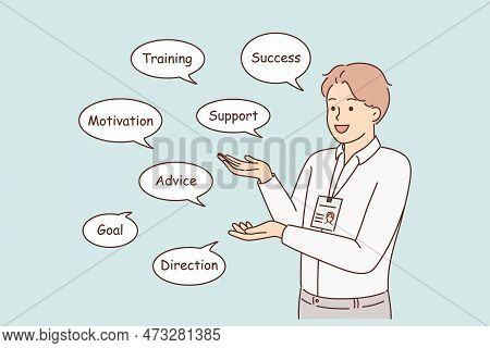 Motivated Businessman With Speech Balloons Showing Work Advices. Smiling Confident Male Employee Wit