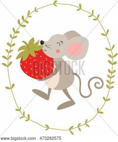 Scalable Vectorial Representing A Cute Mouse Carrying A Red Strawberry Inside An Oval Leaves Border,