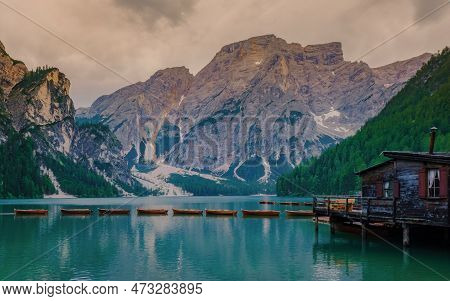 Lago Di Braies Braies Lake, Pragser Wildsee At Sunrise. Trentino Alto Adidge, Dolomites Mountains