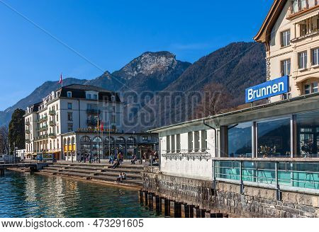 Brunnen, Switzerland - February 20, 2023: Port Of Brunnen, A Town In The Municipality Of Ingenbohl, 