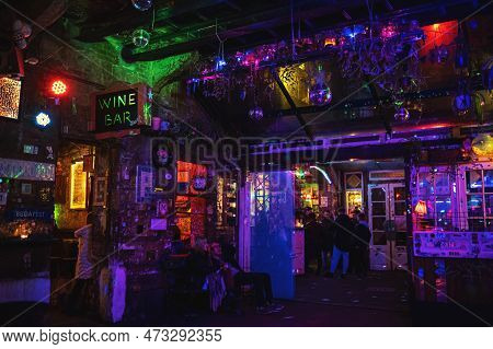 Szimpla Kert, Famous Ruin Pub In Budapest, Interior At Night. Nightlife, Hungarian Bars And Nightclu