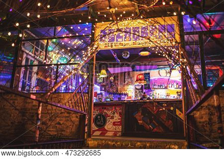 Szimpla Kert, Famous Ruin Pub In Budapest, Interior At Night. Nightlife, Hungarian Bars And Nightclu