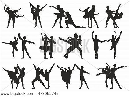 Ballet Dancers Vector Silhouettes. Partner Dance. Shadows Of People, Outlines Of Dancing Men And Wom