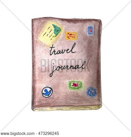 Watercolor Hand Painted Travel Journal Illustration Isolated On White. Tourism, Travel, Hiking Desig