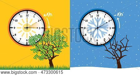 Summer Time And Winter Time Concept With Clock And Tree