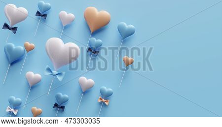 Father's Day, Birthday. Banner With Flying Hearts And Bows. 3d Rendering