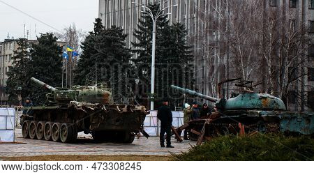 Kremenchuk, Ukraine - January 21, 2023. Destroyed Russian Tanks. Display Of The Destroyed Military E