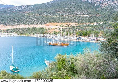 Kas, Turkey - February 5, 2023: Blue Lagoon With A Yacht Port In Kas City, Turkey
