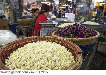 Bangkok, Thailand- 14 Feb, 2023: Flowers Sold In The Flower Market Pak Klong Thalat In Bangkok. It I