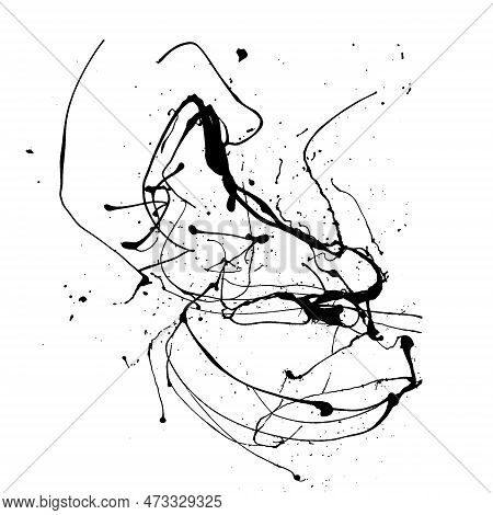 Black Ink Splatter, Horror Background. Ink Stains, Paint Splash Overlays On White Background For Art