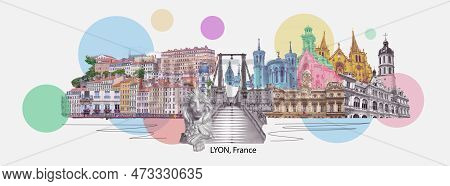 Lion, France - Collage Or Art Design From River Sona To The Bridge And Lyon City, France