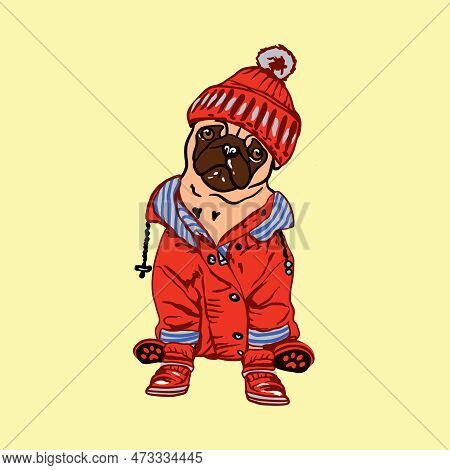Hipster Pug In A Red Jacket, Red Cap And Red Boots. Vector Illustration Of Dogs.