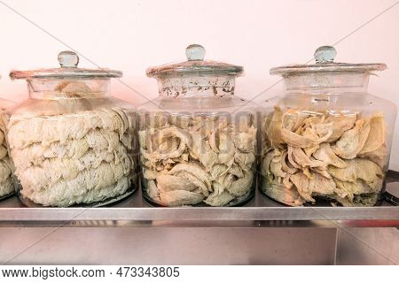 Glass Jar Containing Birds Nest, Produce Of Swiftlet Saliva, Believed To Have Anti-ageing Properties