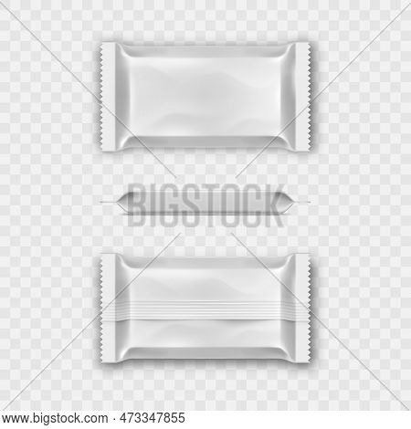 Package Mockup. Snack Pack Pouch. Blank Sachet Or Lunch Bar Wrap. Foil Cookie Bag Front And Side. Ca