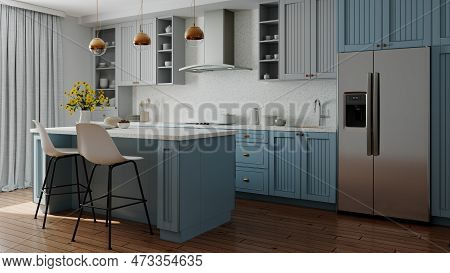 Blue Kitchen Interior With Island. Stylish Kitchen With White Countertops. Cozy Bright Kitchen With 