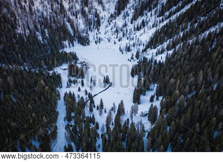Frozen Lago Ritorto In January 2023, Madonna Di Campiglio, Trentino, Italy. Aerial Drone View.